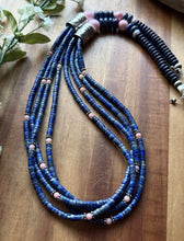 Load image into Gallery viewer, Sterling Silver Multi Strand Heishi Lapis Pink Conch Bead Necklace 26 inch