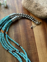 Load image into Gallery viewer, Sterling Silver Multi Strand Stone Blue Turquoise Bead Necklace. 24 inch