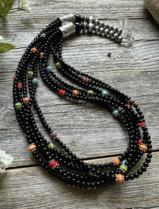Sterling Silver Multi Strand Black Onyx Multi Stone Bead Necklace. 24 Inch