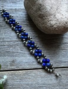 Floral Sterling Silver Blue Lapis Pearls Bead Bracelet. 7 Inch