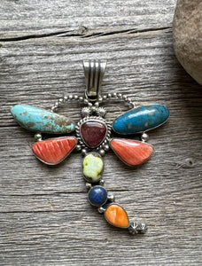 Navajo Sterling Silver Multi Stone Turquoise Dragonfly Pendant Charles Johnson