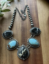 Load image into Gallery viewer, Navajo Sterling Silver Black Jack Kingman Turquoise Lariat Pearls Chain Necklace