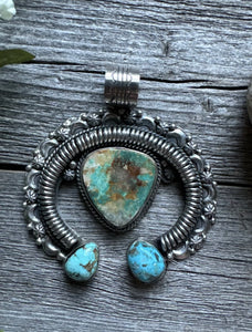 Native American Sterling Silver Royston Turquoise Naja Pendant Handmade CY