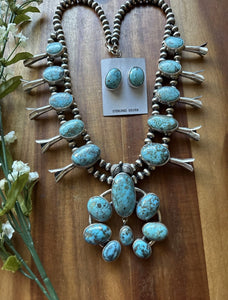Navajo Sterling Silver White Water Turquoise Squash Blossom Pearls Necklace G