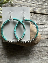 Load image into Gallery viewer, Southwestern 925 Sterling Silver Turquoise Pearls Bead Hoop Earrings 2.75 Inch