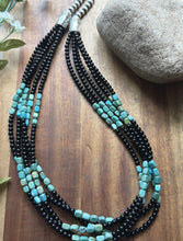 Load image into Gallery viewer, Sterling Silver Multi Strand Black Onyx Turquoise Bead Necklace. 22 Inch