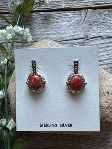 Navajo 925 Sterling Silver Red Spiny Oyster Handmade Earrings