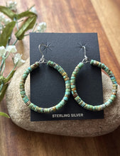 Load image into Gallery viewer, Sterling Silver Green Turquoise Heishi Bead Loop Hoop Earrings.