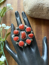 Load image into Gallery viewer, Navajo Native American Sterling Silver Red Coral Cluster Adjustable Ring. T Jon