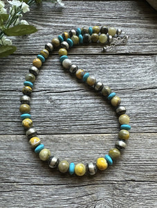 Sterling Silver Bumblebee Jasper Turquoise W Pearls Bead Necklace. 18 inch