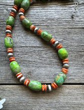 Load image into Gallery viewer, Sterling Silver Orange Spiny Oyster Green Turquoise Bead Necklace. 20 inch
