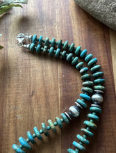 Load image into Gallery viewer, Sterling Silver Graduated Green Turquoise Rondelle Bead Necklace. 18 inch