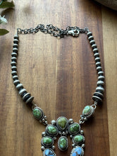 Load image into Gallery viewer, Navajo Sterling Silver Sonoran Gold Golden Hills Turquoise Lariat Naja Necklace