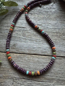 Sterling Silver Purple Spiny Oyster Multi Stone Bead Necklace. 18 inch. Gift