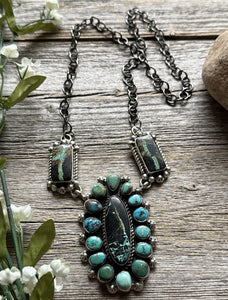 Navajo Sterling Silver Black Jack Turquoise Cluster Lariat Y Chain Necklace KY