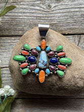 Load image into Gallery viewer, Navajo Sterling Silver Multi Stone Golden Hill Turquoise Spiny Oyster Pendant LY