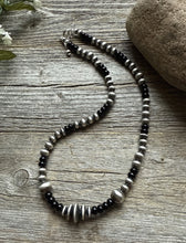 Load image into Gallery viewer, Black Onyx Multi Graduated Sterling Silver Pearls Bead Necklace 18 inch