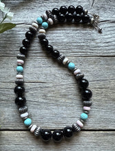 Load image into Gallery viewer, Sterling Silver Black Onyx Multi Stone Turquoise Pink Bead Necklace 18 Inch
