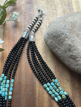 Load image into Gallery viewer, Sterling Silver Multi Strand Black Onyx Turquoise Bead Necklace. 22 Inch