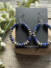 Load image into Gallery viewer, Southwestern 925 Sterling Silver Lapis Pearls Hoop Earrings.