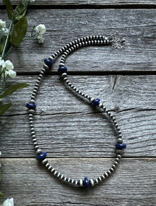 Southwestern Sterling Silver Lapis 4mm Pearls Bead Necklace. 18 Inch. Gift