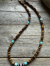 Load image into Gallery viewer, Tigers Eye Multi Stone Turquoise Sterling Silver Bead Necklace. 18 inch Gift