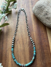 Load image into Gallery viewer, Sterling Silver Graduated Heishi Turquoise Pearls Chain Bead Necklace. 16 Inch