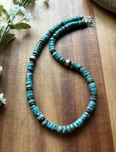 Load image into Gallery viewer, Sterling Silver Heishi Turquoise Purple Spiny Oyster Bead Necklace. 18 Inch
