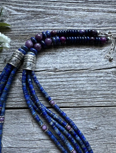 Sterling Silver Multi Strand Stone Lapis Purple Charoite Bead Necklace. 26 inch