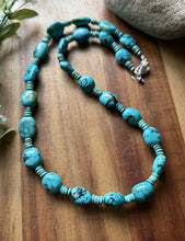 Load image into Gallery viewer, Sterling Silver Blue Turquoise Nuggets W Pearls Bead Necklace. 24 inch