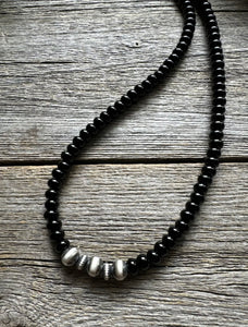 Southwestern 925 Sterling Silver Black Onyx W Pearls Bead Necklace. 18 inch