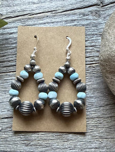 Sterling Silver Blue Larimar W Pearls Bead Loop Corrugated Earrings. 2.4 Inch