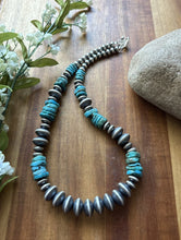 Load image into Gallery viewer, Sterling Silver Blue Turquoise W Flat Saucer Pearls Bead Necklace. 18 inch