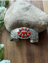 Load image into Gallery viewer, Navajo Native Sterling Silver Red Coral Cluster Cuff Bracelet Rew Dineh