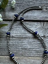 Load image into Gallery viewer, Southwestern Sterling Silver Lapis 4mm Pearls Bead Necklace. 18 Inch. Gift