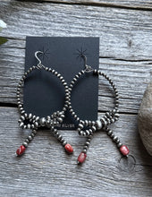 Load image into Gallery viewer, Sterling Silver Bow Red Spiny Oyster Pearls Hoop Bead Earrings 3.5 Inch