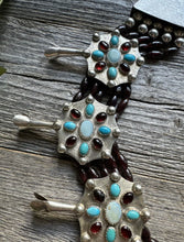 Load image into Gallery viewer, Navajo Sterling Silver Garnet Turquoise Naja Squash Blossom Bead Necklace Signed