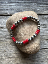 Load image into Gallery viewer, Red Coral 6mm 7 Inch Stretch Sterling Silver Pearls Bead Bracelet