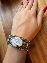Load image into Gallery viewer, Navajo sterling silver white button turquoise cuff bracelet