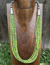 Load image into Gallery viewer, Sterling Silver Multi Strand Green Turquoise Bead Necklace. 26 inch