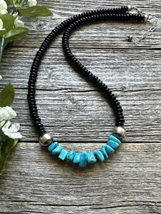 Mens Sterling Silver Black Onyx Turquoise Bead Necklace. 18 Inch