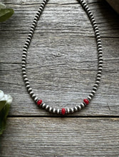 Load image into Gallery viewer, Sterling Silver 4mm Pearls with Red Bamboo Coral Bead Necklace Choker. 14 inch