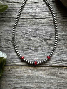 Sterling Silver 4mm Pearls with Red Bamboo Coral Bead Necklace Choker. 14 inch