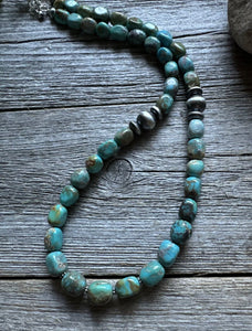 Sterling Silver Blue Green Turquoise Nuggets W Pearls Bead Necklace. 18 inch