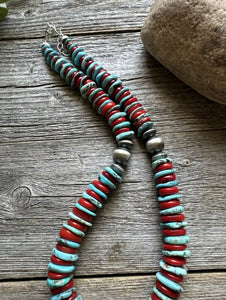 Southwestern 925 Sterling Silver Blue Turquoise Coral Bead Necklace 18 inch Gift