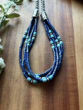 Load image into Gallery viewer, Sterling Silver Multi Strand Heishi Lapis Turquoise Pearls Bead Necklace 18 inch