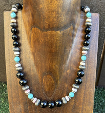 Load image into Gallery viewer, Sterling Silver Black Onyx Multi Stone Turquoise Pink Bead Necklace 18 Inch