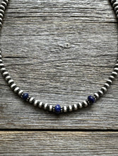 Load image into Gallery viewer, Sterling Silver 4mm Pearls with Lapis Bead Necklace Choker. 14 inch