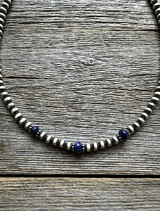 Sterling Silver 4mm Pearls with Lapis Bead Necklace Choker. 14 inch