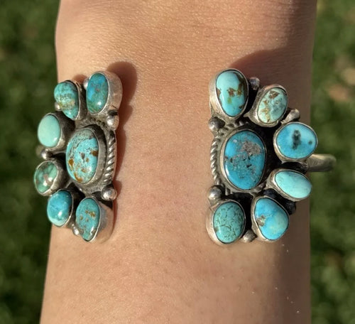 Navajo Native Sterling Silver Turquoise Cluster Cuff Bracelet Geraldine James